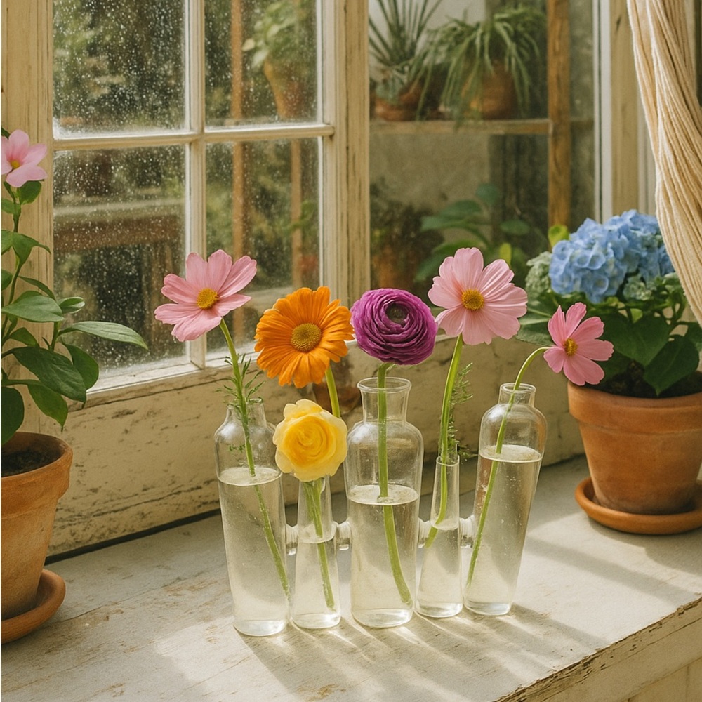 Vintage Handblown Quintuplet Clear Glass Jointed Multi-Vase #0401252A